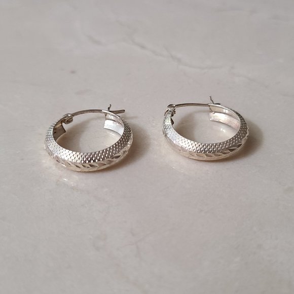 Sterling Silver Etched Small Hoop Earrings - Picture 8 of 12